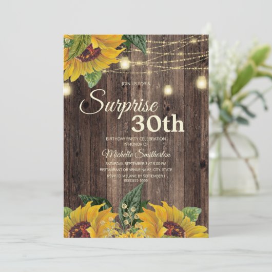 Rustic Sunflower String Light Surprise 30th Kaart (Staand voorkant)