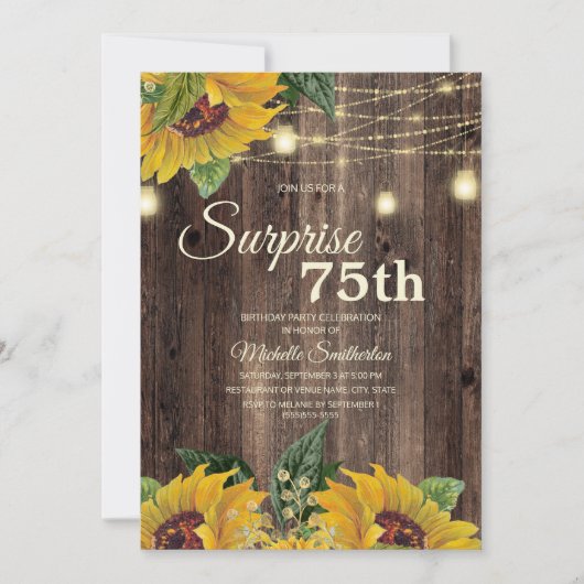 Rustic Sunflower String Light Surprise 75th Kaart (Voorkant)
