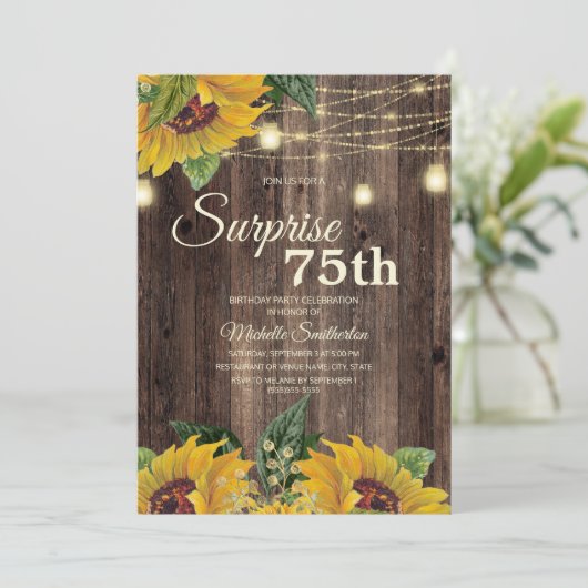 Rustic Sunflower String Light Surprise 75th Kaart (Staand voorkant)