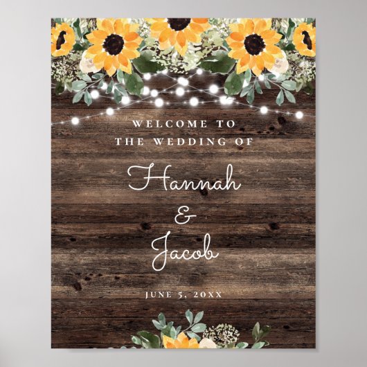 Rustic Sunflower String Light Wedding Welcome Poster (Voorkant)