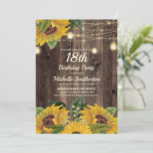 Rustic Sunflower String Lights 18th Birthday Kaart (Staand voorkant)