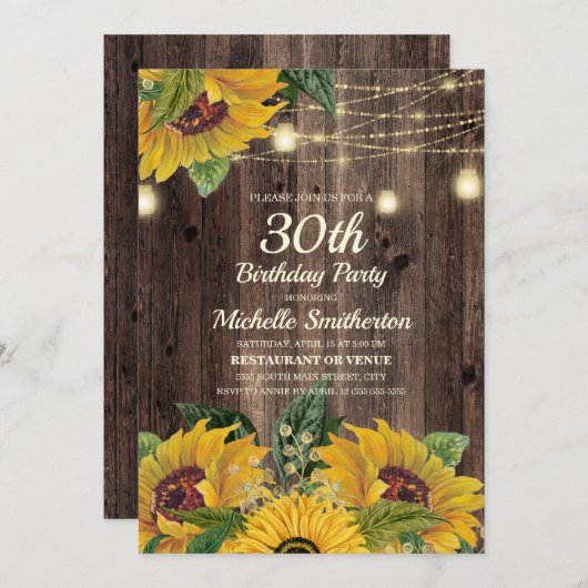 Rustic Sunflower String Lights 30th Birthday Kaart (Voorkant / Achterkant)
