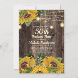 Rustic Sunflower String Lights 50th Birthday Kaart