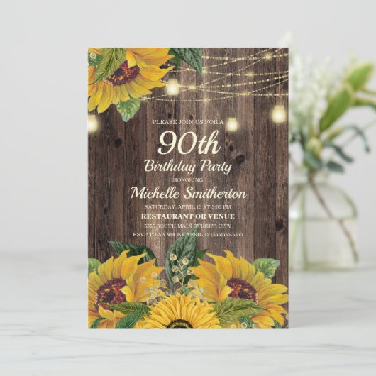 Rustic Sunflower String Lights 90th Birthday Kaart (Staand voorkant)