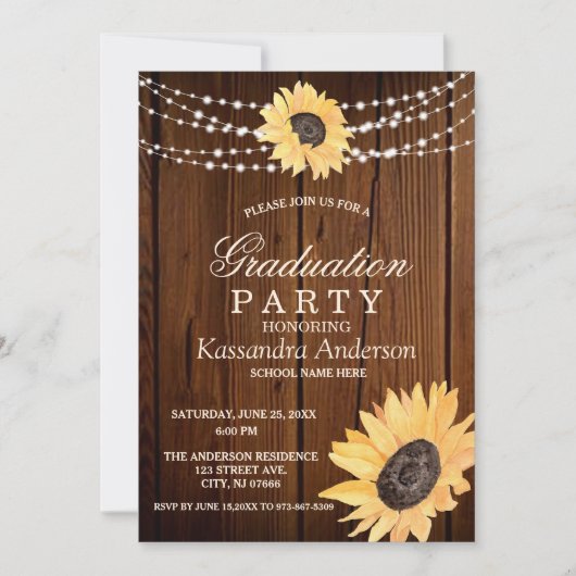 Rustic Sunflower String Lights Afstuderen Invitat Kaart (Voorkant)
