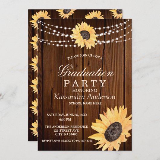 Rustic Sunflower String Lights Afstuderen Invitat Kaart (Voorkant / Achterkant)