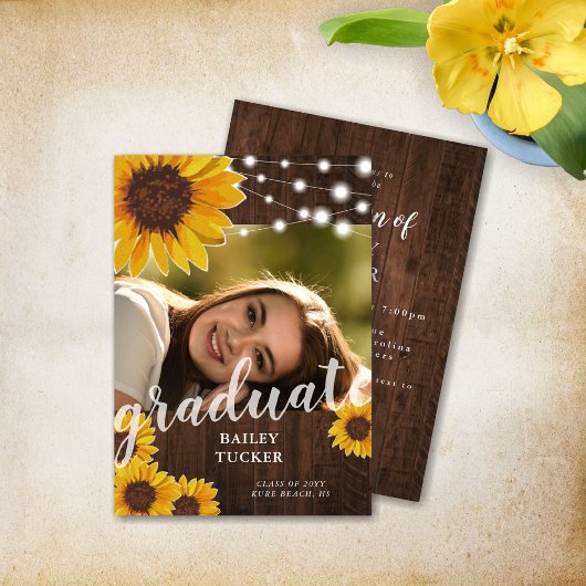 Rustic Sunflower String Lights Afstuderen Kaart