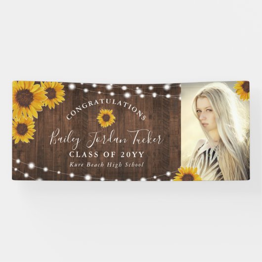 Rustic Sunflower String Lights Afstuderen Spandoek (Horizontaal)