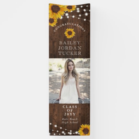 Rustic Sunflower String Lights Afstuderen Spandoek (Verticaal)