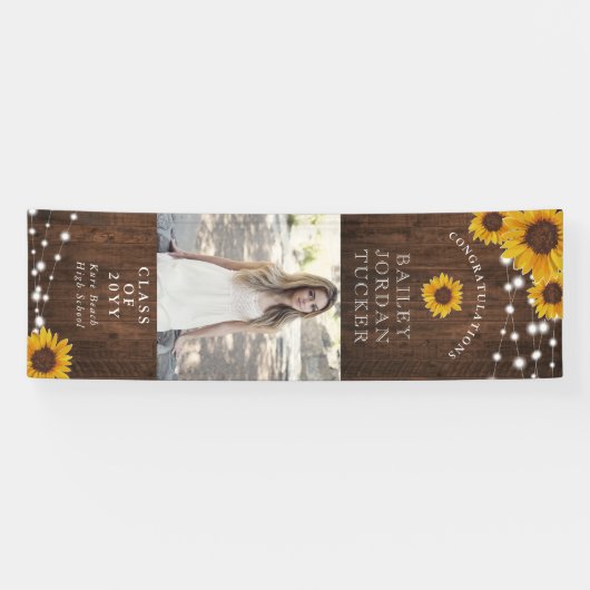 Rustic Sunflower String Lights Afstuderen Spandoek (Horizontaal)