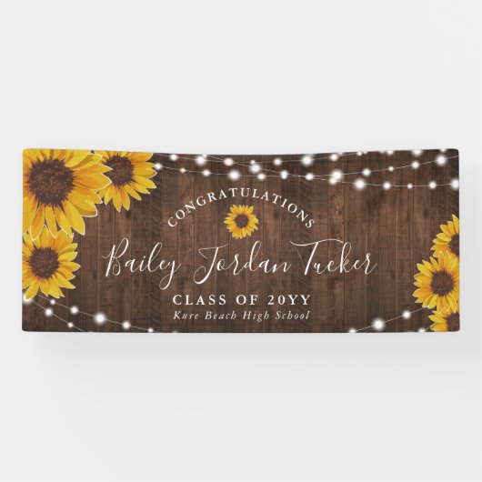 Rustic Sunflower String Lights Afstuderen Spandoek (Horizontaal)