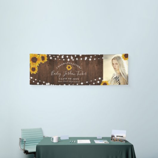 Rustic Sunflower String Lights Afstuderen Spandoek (Beurs)
