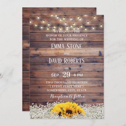 Rustic Sunflower & String Lights Barn Wedding Kaart (Voorkant / Achterkant)