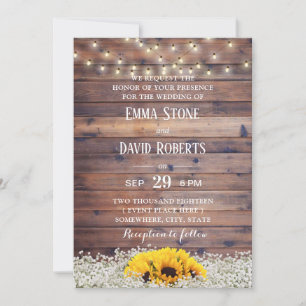 Rustic Sunflower & String Lights Barn Wedding Kaart