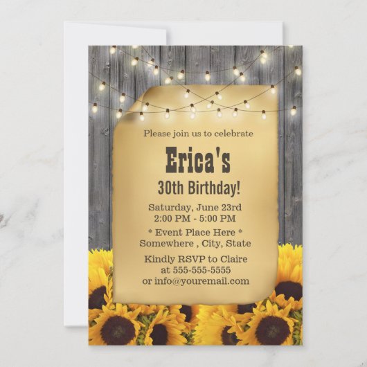 Rustic Sunflower String Lights Barn Wood Birthday Kaart (Voorkant)