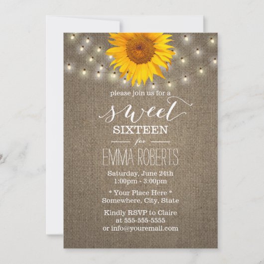 Rustic Sunflower & String Lights Burlap Sweet 16 Kaart (Voorkant)
