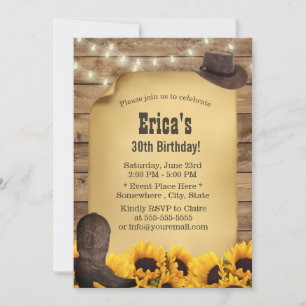 Rustic Sunflower String Lights Cowgirl Birthday Kaart