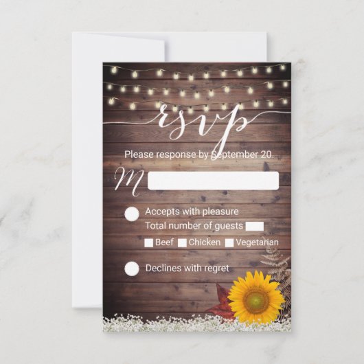 Rustic Sunflower String Lights Fall Wedding RSVP Kaartje (Voorkant)