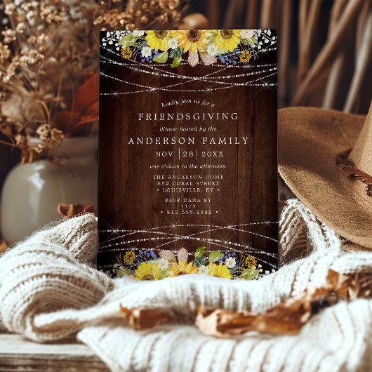 Rustic Sunflower String Lights Friendsgiving Party Kaart
