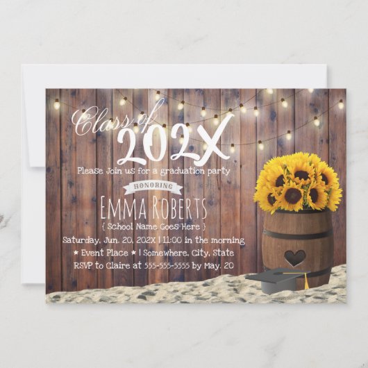 Rustic Sunflower & String Lights Graduation Party Kaart (Voorkant)