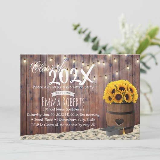 Rustic Sunflower & String Lights Graduation Party Kaart (Staand voorkant)
