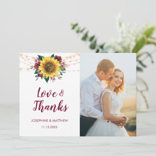Rustic Sunflower String Lights Photo Wedding Bedankkaart (Staand voorkant)