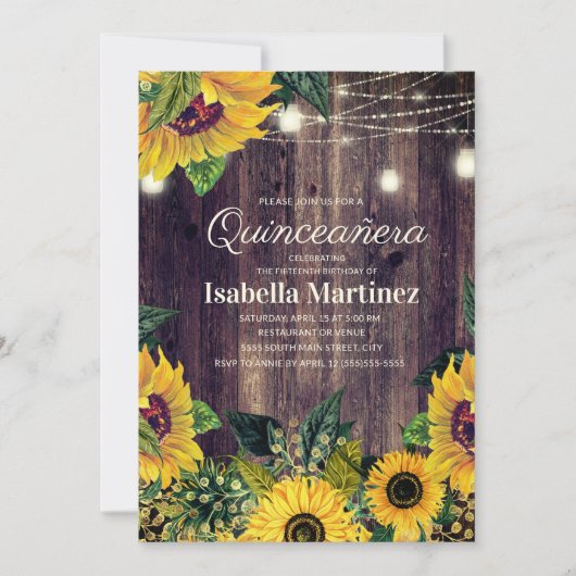 Rustic Sunflower String Lights Quinceañera 15th Kaart (Voorkant)