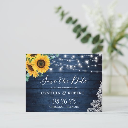 Rustic Sunflower String Lights Save the Date Briefkaart (Staand voorkant)