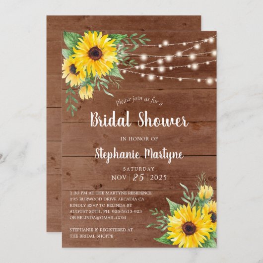 Rustic Sunflower String Lights Vrijgezellenfeest Kaart (Voorkant / Achterkant)