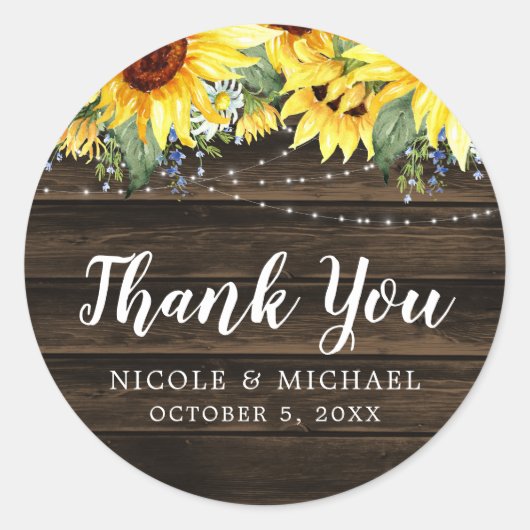 Rustic Sunflower String Lights Wedding Bedankt Ronde Sticker (Voorkant)