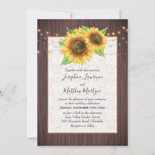 Rustic Sunflower String Lights Wedding Kaart (Voorkant)