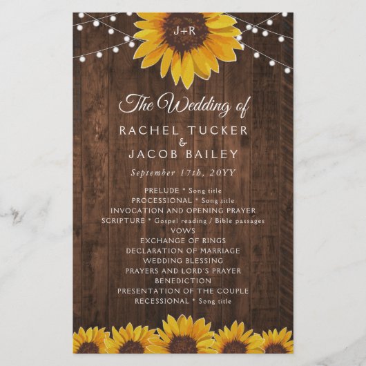 Rustic Sunflower String Lights Wedding Programme (Voorkant)