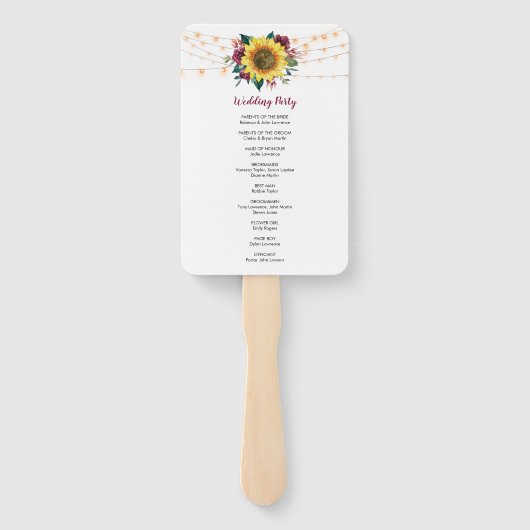Rustic Sunflower String Lights Wedding Programme Handwaaier (Achterkant)