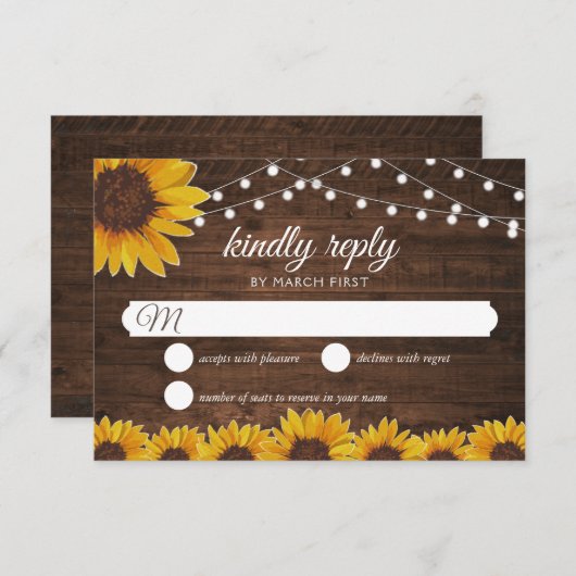 Rustic Sunflower String Lights Wedding Reply RSVP Kaartje (Voorkant / Achterkant)