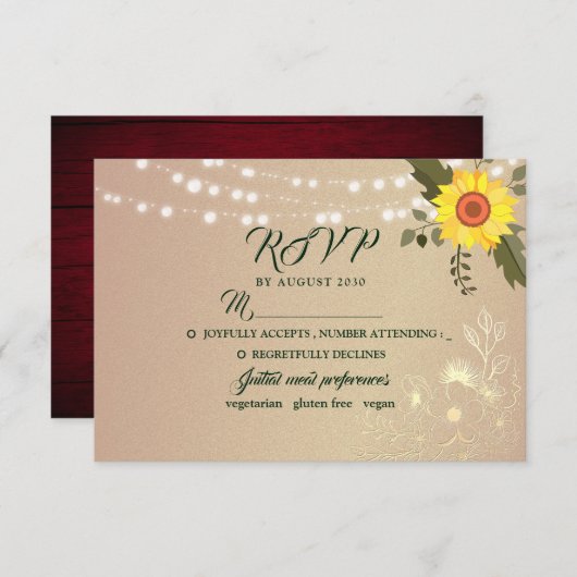 Rustic Sunflower String Lights Wedding RSVP Kaart (Voorkant / Achterkant)