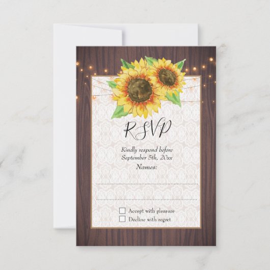 Rustic Sunflower String Lights Wedding RSVP Kaartje (Voorkant)