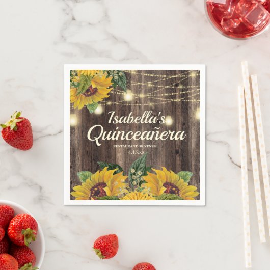 Rustic Sunflower String Lights Wood Quinceañera Servet (Insitu)