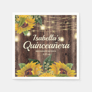 Rustic Sunflower String Lights Wood Quinceañera Servet