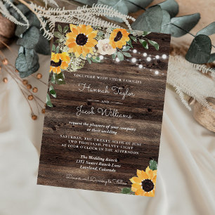Rustic Sunflower String Lights Wood Wedding Kaart