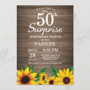 Rustic Sunflower Surprise 50th Birthday Invitation Kaart