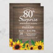 Rustic Sunflower Surprise 80th Birthday Invitation Kaart (Voorkant / Achterkant)