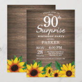 Rustic Sunflower Surprise 90th Birthday Invitation Kaart (Voorkant / Achterkant)