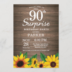 Rustic Sunflower Surprise 90th Birthday Invitation Kaart