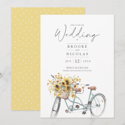 Rustic Sunflower Tandem Bicycle Waterverf Wedding Kaart (Voorkant / Achterkant)