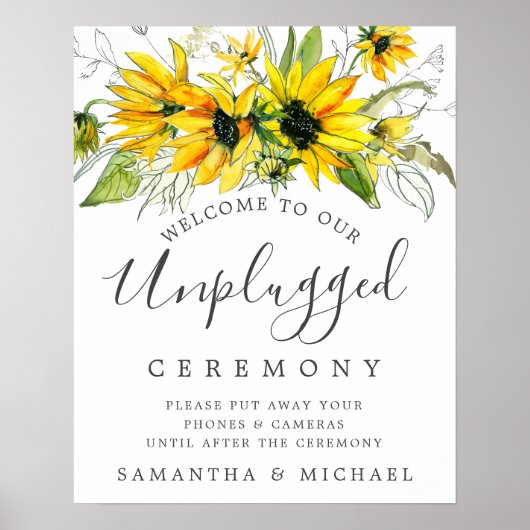Rustic Sunflower Unplugged Wedding Ceremony Sign Poster (Voorkant)