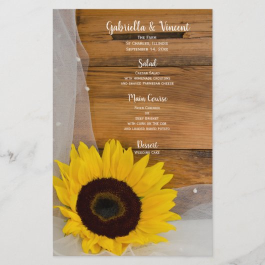 Rustic Sunflower Veil Pays Barne Menu Mariage (Devant)