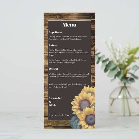 Rustic Sunflower Wedding Menu (Staand voorkant)