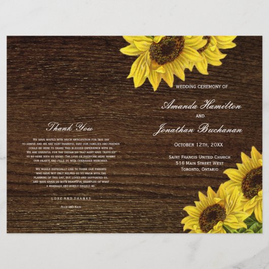 Rustic Sunflower Wedding Programs on Navy Blue (Voorkant)