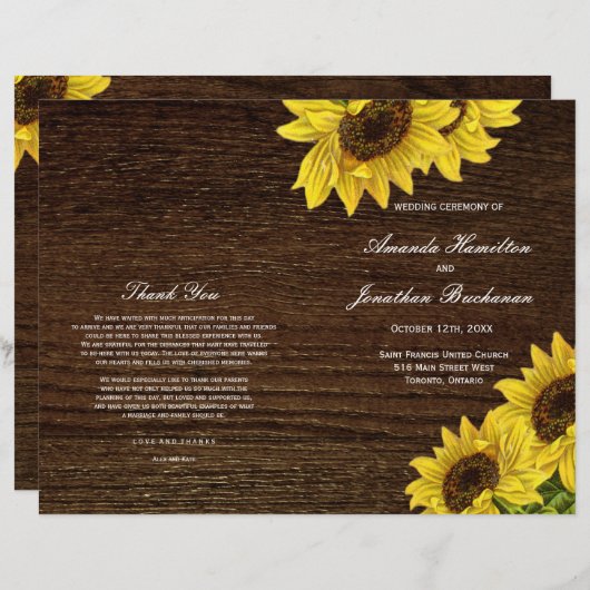 Rustic Sunflower Wedding Programs on Navy Blue (Voorkant / Achterkant)