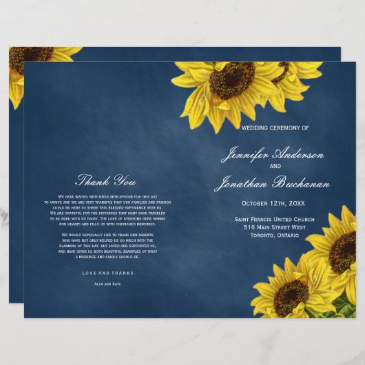 Rustic Sunflower Wedding Programs on Navy Blue (Voorkant / Achterkant)